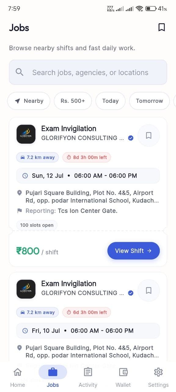 DutyKaro app job listings screen